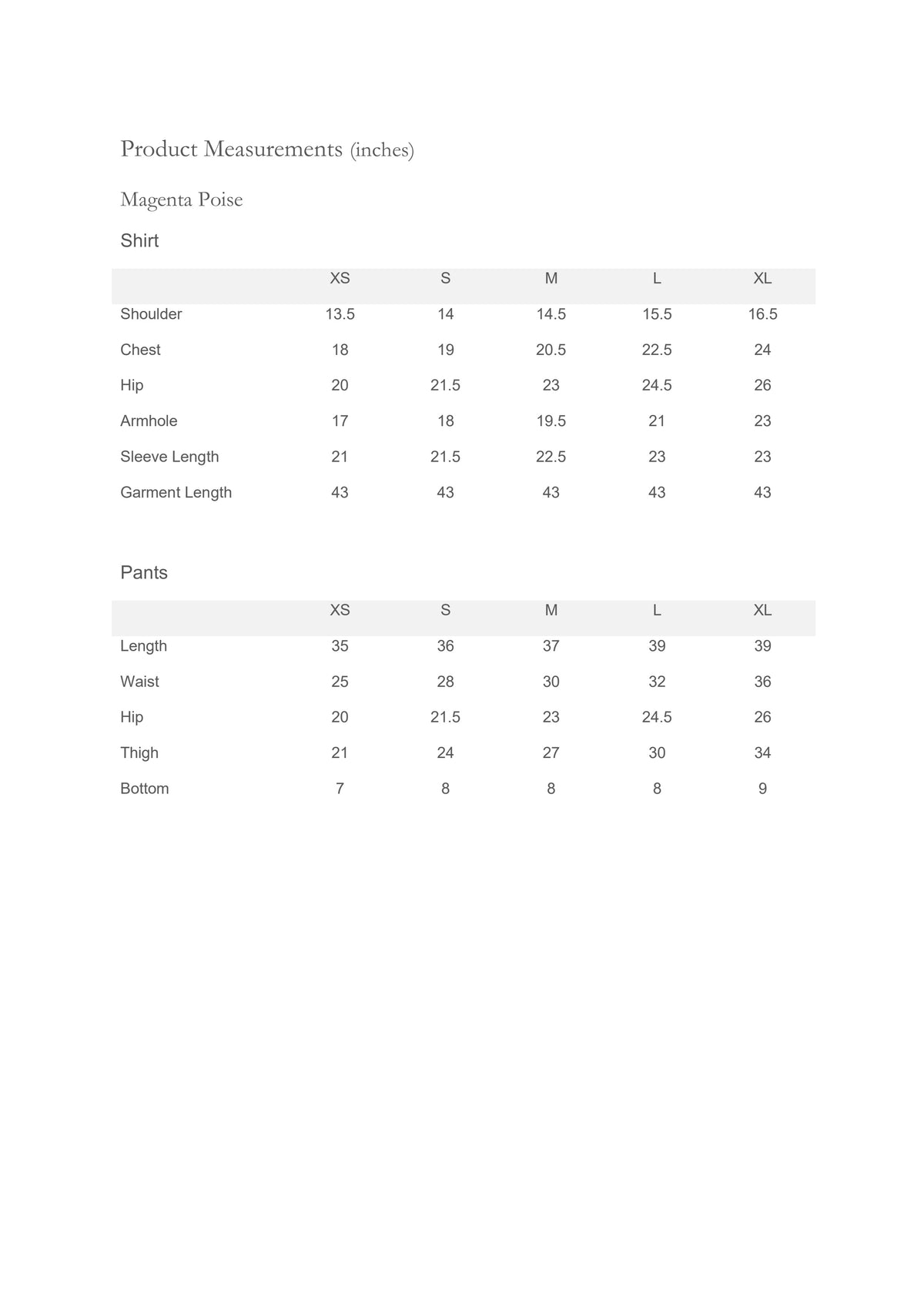 Magenta Poise size chart in centimetres